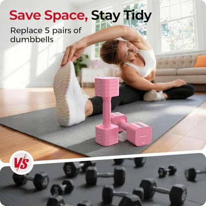 FEIERDUN DB3 5-in-1 Adjustable Dumbbell Set, 6LB/10LB Pair Adjustable Weights for Women at Home, Dual Locking Stable Hand Weights with TPU Soft Handle, Home Gym, Rehab, Pilates, Yoga, Strength Training - color: B-Cute Pink, style: 6LBS Pair (12LBS Total)