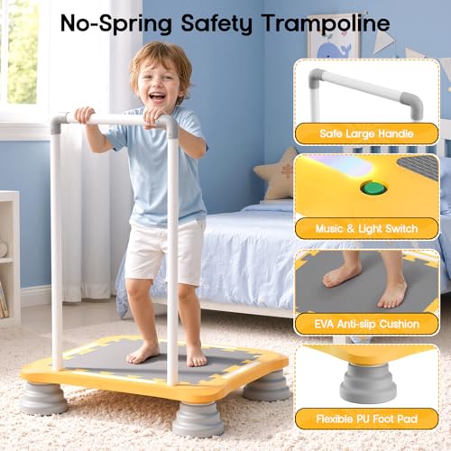 25" Toddler Trampoline with LED Lights & Music, Indoor Mini Kids Trampoline with Handlebar, Non-Slip Sensory Balance Training Bounce Board for Boy Girl Ages 3+, Safety Pad & 220 LBS Max Load