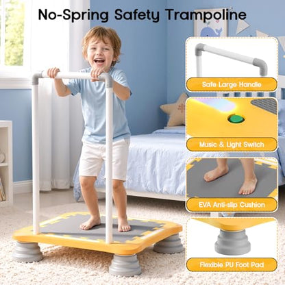 25" Toddler Trampoline with LED Lights & Music, Indoor Mini Kids Trampoline with Handlebar, Non-Slip Sensory Balance Training Bounce Board for Boy Girl Ages 3+, Safety Pad & 220 LBS Max Load
