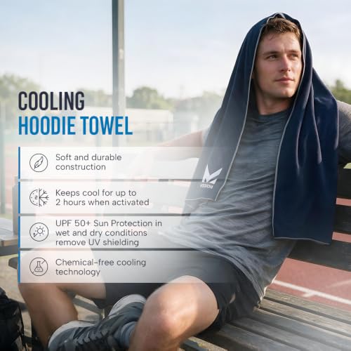 MISSION Cooling Hoodie Towel, Evaporative Cool Technology, Cools Instantly When Wet, UPF 50 Sun Protection, Contours Your Head to Stay in Place, Great for Sports, Fitness, Gym - color: Navy Blue
