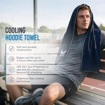 MISSION Cooling Hoodie Towel, Evaporative Cool Technology, Cools Instantly When Wet, UPF 50 Sun Protection, Contours Your Head to Stay in Place, Great for Sports, Fitness, Gym - color: Navy Blue