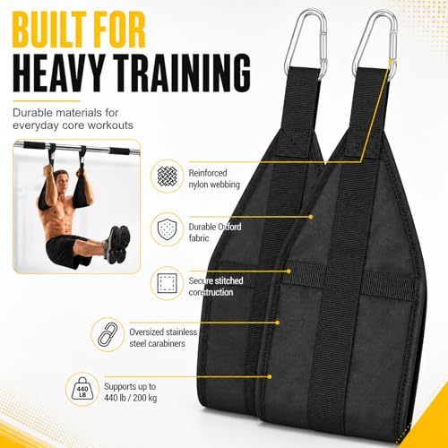 Ab Straps for Pull Up Bar, Padded Arm Slings for Core Training | Heavy-Duty Construction, Oversized Carabiners, Padded Arm Support, Leg Raises Knee Raises, Home Gym Training