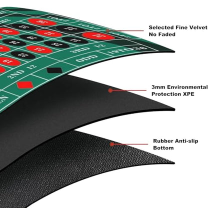 AQQA Roulette Table Mat 70 x 35 Inch, Durable, Water-Resistant Roulette Mat Made of 3mm Thick Rubber, Reinforced with Sturdy Stitching - Portable Casino Roulette Mat for Game Night Party