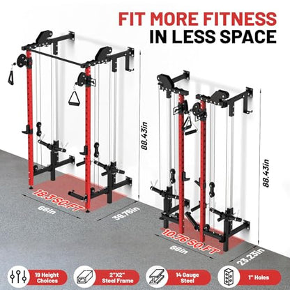 GarveeHome Folding Squat Rack, Wall Mounted Power Rack with Dual Pulley System & Pull Up Bar, Fitness Equipment for Home Gym, Garage, Apartment