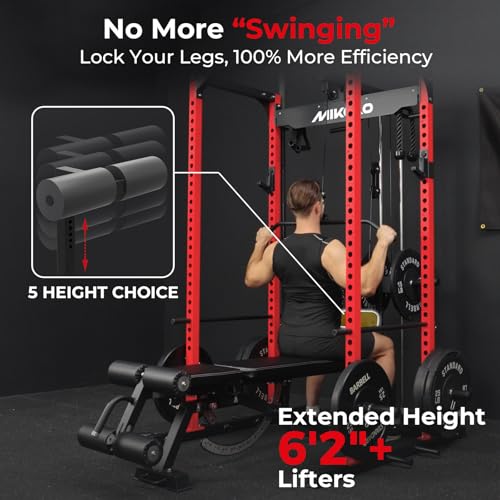 Mikolo F4 2.0 Power Cage with Dual-Track Smooth Pulley System, 1200LBS Power Rack with Leg Hold-Down for Heavy LAT Pulldowns - color: Red, size: F4 2.0 (with Bench＆Bar＆230LB CP）