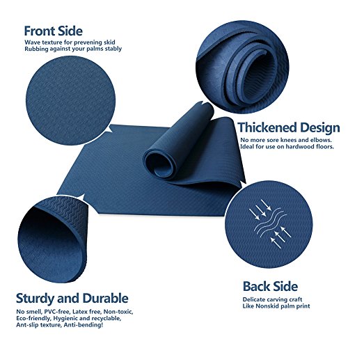 Attraction Design Yoga Mat Non Slip Exercise Mat Extra Thick Workout Mat for Yoga, Eco Friendly Exercise Yoga Mat High Density Fitness Pilates Mat with Carrying Strap, 72"x 24"x 6mm - color: Navy Blue