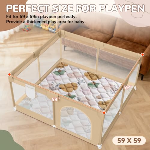 Boho Baby Play Mat - 59x59 Foldable Machine Washable Thick Sponge Padded Floor Mat - Non Slip Tummy Time Playpen Rug for Indoor Outdoor Room Decor