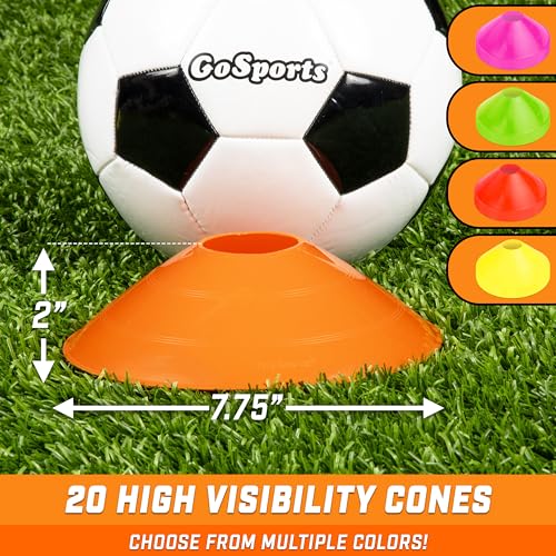 GoSports Premium Sports Cones for Agility Training and Drills - 20 Pack with Tote - Orange, Green, Pink, Yellow, or Red