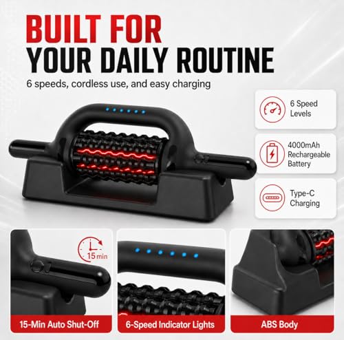 630nm Red Light Electric Rolling Massager with Hands-Free Base, 6-Speed Cordless Muscle Roller for Legs, Feet, Calves, Thighs & Back, Wide Massage Roller Stick for Post Workout Recovery (Black)