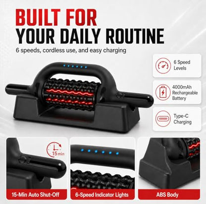 630nm Red Light Electric Rolling Massager with Hands-Free Base, 6-Speed Cordless Muscle Roller for Legs, Feet, Calves, Thighs & Back, Wide Massage Roller Stick for Post Workout Recovery (Black)