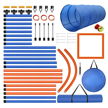 Dog Agility Training Equipment, 60-piece Dog Obstacle Course Training Starter Kit Pet Outdoor Game with Tunnel, Agility Hurdle, Weave Poles, Jump Ring, Pause Box, Toy Balls and Storage Bag