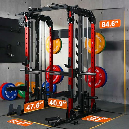 Smith Machine, 2600LBS Squat Rack, 7-in-1 Home Gym Cage with Adjustable Safety Bars, Pull-Up & LAT Pulldown