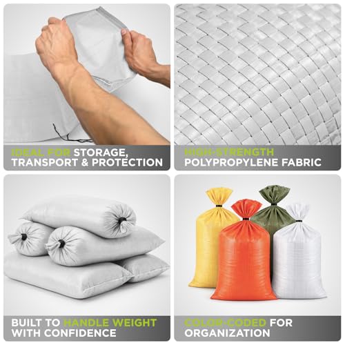 Heavy Duty Sand Bags Pack of 5, White Empty Sandbags with Built-In Ties, Woven Polypropylene UV Protection 1600 Hours, Fillable Bags for Flood Control, Weight, 18x30 inches, 75 Pounds Volume - color: White, size: 18"W x 30"L