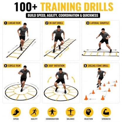2-in-1 Agility Ladder Training Set, 20FT Speed Ladder with Circular Agility Ring, 10 Soccer Cones, Carry Bag, Footwork Speed Training Equipment for Soccer, Football, Basketball & Fitness | Circular Agility Ring