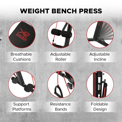 Multi-functional folding weight bench, adjustable weight bench, with 7 positions backrest adjustment and 2 training straps, 600 lbs capacity, suitable for full body workouts