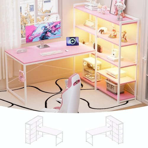 Pamray 49 Inch L Shaped Gaming Computer Desk with Shelves and Storage - color: Pink
