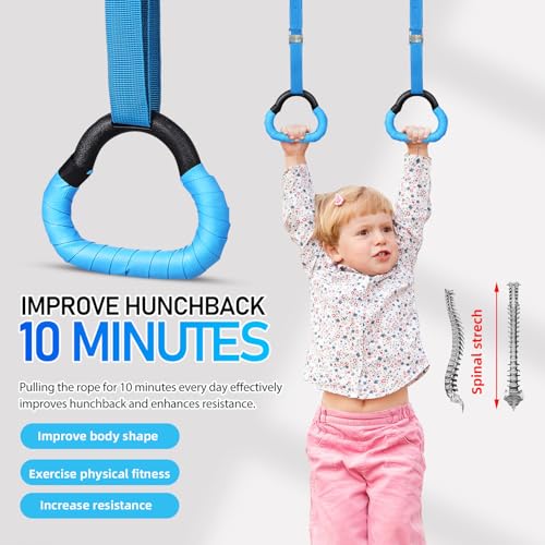 ’s Adjustable Gymnastic Rings Set with 1m Straps, Blue Cartoon Design, Strength Training Equipment for Pull-ups and Fitness Workout