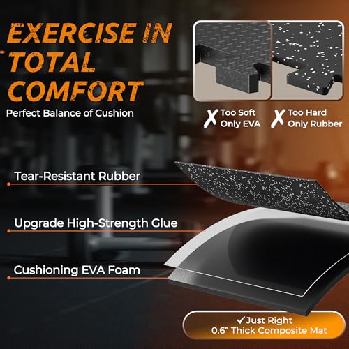 0.6" Thicker Rubber Top Gym Flooring for Home Gym, 12 Pcs 48 Sq Ft Workout Mats, Exercise Mat, Interlocking Rubber Floor Mats with High Density EVA Foam for Garage, 24 x 24in, Black/Grey - size: 12 Tiles (48 Sq Ft)