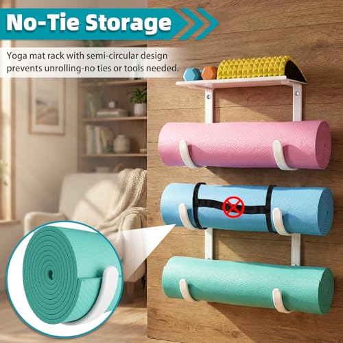 Yoga Mat Holder Wall Mount, No-Tie Pilates Mat Storage Rack with Top Floating Shelf, 4-Tiers Holding Yoga Blocks/Rollers and Exercise Mat, Workout Mat, Home Gym Equipment Accessories - color: 4-Tiers（with Floating Shelf）