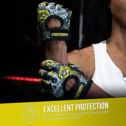 Contraband Pink Label 5237 Womens Designer Workout Gloves | Sugar Skull Print w/Grip-Lock™ Padding (Yellow, X-Small) - color: Yellow, size: X-Small