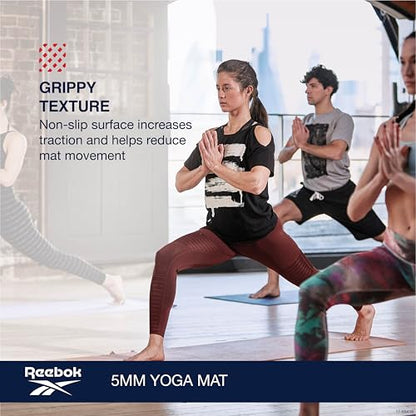 Reebok 5mm Solid Yoga Mat 68" x 24" Non-Slip, Lightweight, Foldable, and Durable Exercise Mat with Carry Strap for Home Workout, Yoga, Pilates, Fitness, and Outdoor Training