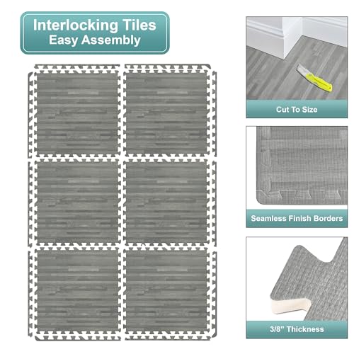 Sorbus 120 Sq. Ft. Wood Grain Floor Tiles Foam Mat EVA Interlocking Mats Tile 3/8-Inch Thick Flooring Wood Puzzle Exercise Mats w/Borders - Home Playroom Basement, Apartment, Trade Show, Baby, Dance