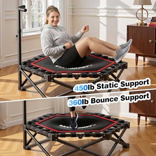 EAST MOUNT 42" Foldable Mini Trampoline for Adults, Quiet Fitness Rebounder with Adjustable Handle, No-Assembly Indoor Exercise Trampoline, 450LBS Capacity