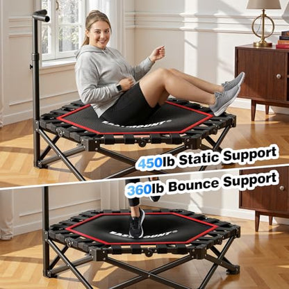 EAST MOUNT 42" Foldable Mini Trampoline for Adults, Quiet Fitness Rebounder with Adjustable Handle, No-Assembly Indoor Exercise Trampoline, 450LBS Capacity