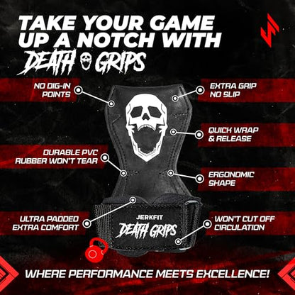 JerkFit Death Grips Premium Lifting Straps - Car Tire Grade Rubber PVC Wrist Straps for Shrugs, Pull Ups & Deadlifts with Neoprene Padded Support - size: Small