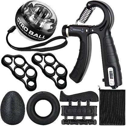 Hand Grip Strengthener Workout Kit (8 Pack) Forearm Grip Adjustable Resistance Hand Gripper, Finger Stretcher, Finger Exerciser, Grip Ring，Gyro Ball (black)