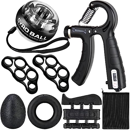 Hand Grip Strengthener Workout Kit (8 Pack) Forearm Grip Adjustable Resistance Hand Gripper, Finger Stretcher, Finger Exerciser, Grip Ring，Gyro Ball (black)