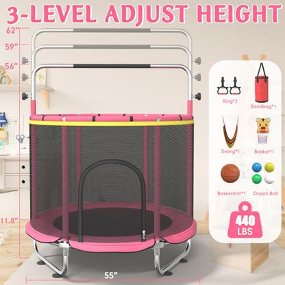Trampoline for Kids, 55" Indoor & Outdoor Toddler Trampoline, Anti-Rollover Bottom Kids Toys with Adjustable Gymnastics Bars, Toddler Swing, Basketball Hoop