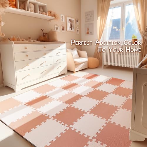 TCBunny Kids Soft EVA Foam Jigsaw Puzzle Play Mat, 36 Interlocking Tiles and Edges Baby Play Mat, for Kids Gym, Nursery, Playroom, Pet Mat, Total Floor Coverage 32 Sq Ft, Pink/Peach