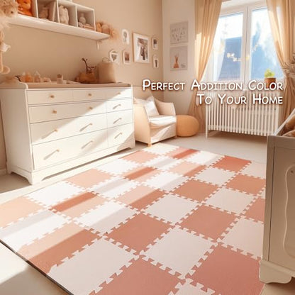 TCBunny Kids Soft EVA Foam Jigsaw Puzzle Play Mat, 36 Interlocking Tiles and Edges Baby Play Mat, for Kids Gym, Nursery, Playroom, Pet Mat, Total Floor Coverage 32 Sq Ft, Pink/Peach