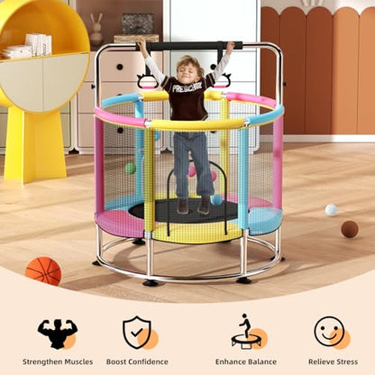 55" Trampoline for Kids,Up to 440 Ibs Mini Trampoline with Anti-Rollover Round Bottom,Indoor & Outdoor Toddler Trampoline with Safety Enclosure,Adjustable Gymnastics Bars,Basketball Hoop
