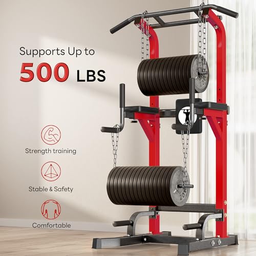 SogesPower Power Tower Pull Up Bar Station Multi-Function Pull Up Bar Stand for Home Gym, Adjustable Height Pull Up Dip Station Dip Bar Strength Training Fitness Equipment,Up to 500LBS - color: Red