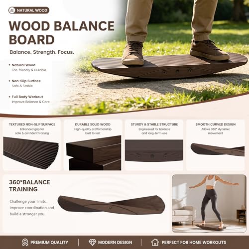 Wooden Balance Board 440Lbs - Anti-Fatigue Rocker Board for Standing Desk, 3D Curve Design for Core Strength & Physical Therapy, Balance Trainer for Surfing or Skateboarding