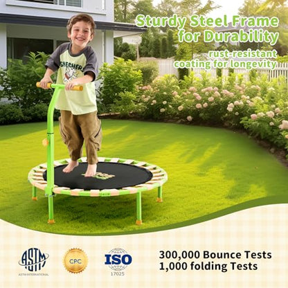 36'' Mini Trampoline for Kids 3-6, Foldable & Spring-Free, Small Toddler Trampoline Indoor Outdoor with Adjustable Handle Bar - color: Yellow & Green