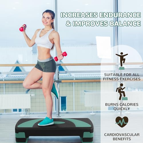 Fitvids Step Aerobic Platform, Exercise Step with levels Adjustable Height, Stackable Risers, Fitness Training Workout Stepper for Home Gym, Cardio Strength - color: Green Jasper