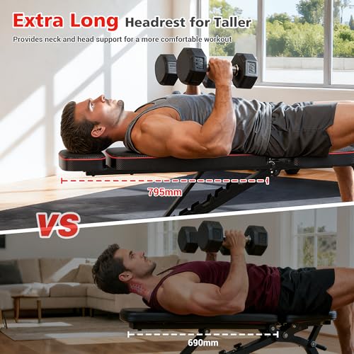 XDDIAS Workout Bench, 10 Backrests Adjustable Weight Bench with Extended Headrest, 800LBS Foldable Weight Bench for Home Gym, Incline Decline Flat Bench Compact for Small Space Training - color: Black
