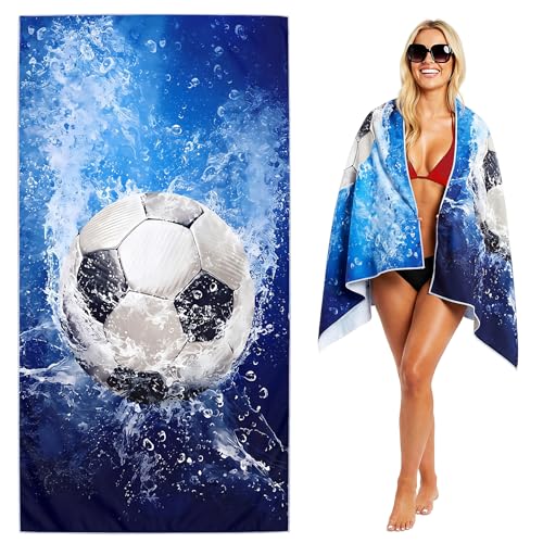 Large Soccer Beach Towel - 71" x 35" Oversized Microfiber Sand Free Quick Dry Absorbent Compact Sports Beach Towel for Pool Travel Gym Bath Camping - Cool Soccer Fan Gift for Men Women Summer Vacation - color: B4-soccer-s