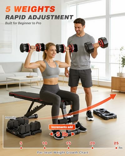 Adjustable Dumbbells Set of 2, 1 Hand Adjustable Weights Dumbbell Set and Workout Bench, 25/55/80lb Pair Weight Set For Home Gym Suit both Men and Women, Compact for Small Space Apartment Room - color: Classic-25lbs dumbbell+bench