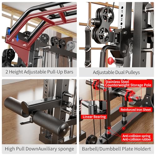 Multi-Purpose Squat Rack,Smith Machine Weight Rack Set with Cable Crossover System, Home Gym Power Racks, Power Racks and Packages - color: L05, size: Power cage Red+bench+(pole+Cast lron)338LBS
