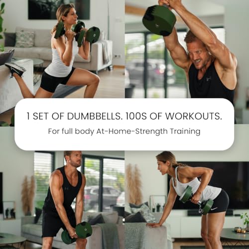 NUOBELL Adjustable Dumbbells 5-80 lbs: Replace 16 Sets, Ideal for Home Gym Weight Bench & Press - color: Tactical Green