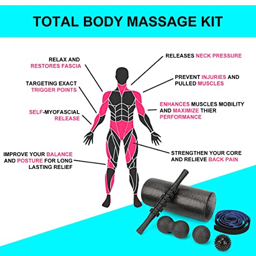 Foam Roller Set - High Density Back Roller, Muscle Roller Stick,2 Foot Fasciitis Ball, Stretching Strap, Peanut Massage Ball for Whole Body Physical Therapy & Exercise, Back Pain, Leg, Deep Tissue