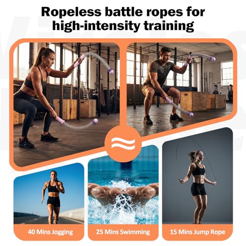 Adjustable Ropeless Battle Ropes for Home Gym for Men & Women, Portable Cordless Battle Ropes, Quiet Exercise Rope with Variable Resistance, Strength & Low-Impact Cardio for HIIT (Purple)