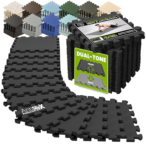 bemaxx Gym Mats Set - EVA Interlocking Foam Floor Tiles Workout Mat Puzzle - color: Black-grey, size: 18 Tiles | 18 sq ft