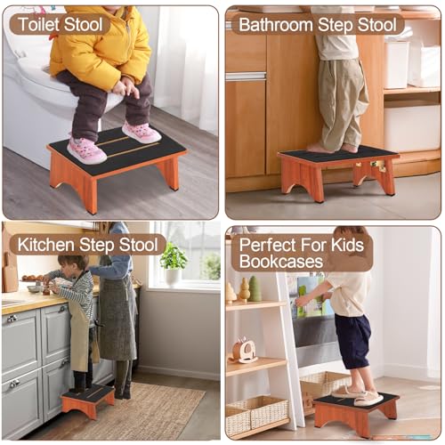 Step Stool Foldable, Wooden Step Stool with Non-Slip Rubber Stepping Platform, Folding Step Stools for Adults Seniors in Bedroom, Kitchen Bathroom, RV, Bed Steps for High Beds, No Assemble (Brown)