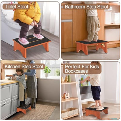 Step Stool Foldable, Wooden Step Stool with Non-Slip Rubber Stepping Platform, Folding Step Stools for Adults Seniors in Bedroom, Kitchen Bathroom, RV, Bed Steps for High Beds, No Assemble (Brown)