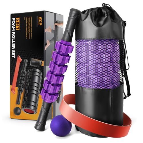 5 in 1 Foam Roller Set for Deep Tissue Muscle Massage, High Density Trigger Point Fitness Patented Exercise Foam Roller, Massage Roller, Massage Ball, Resistance Band, for Whole Body(Purple)